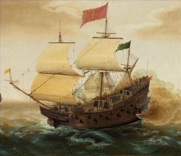 海戦 Painting - 大砲を発射するスペインのガレオン船海戦